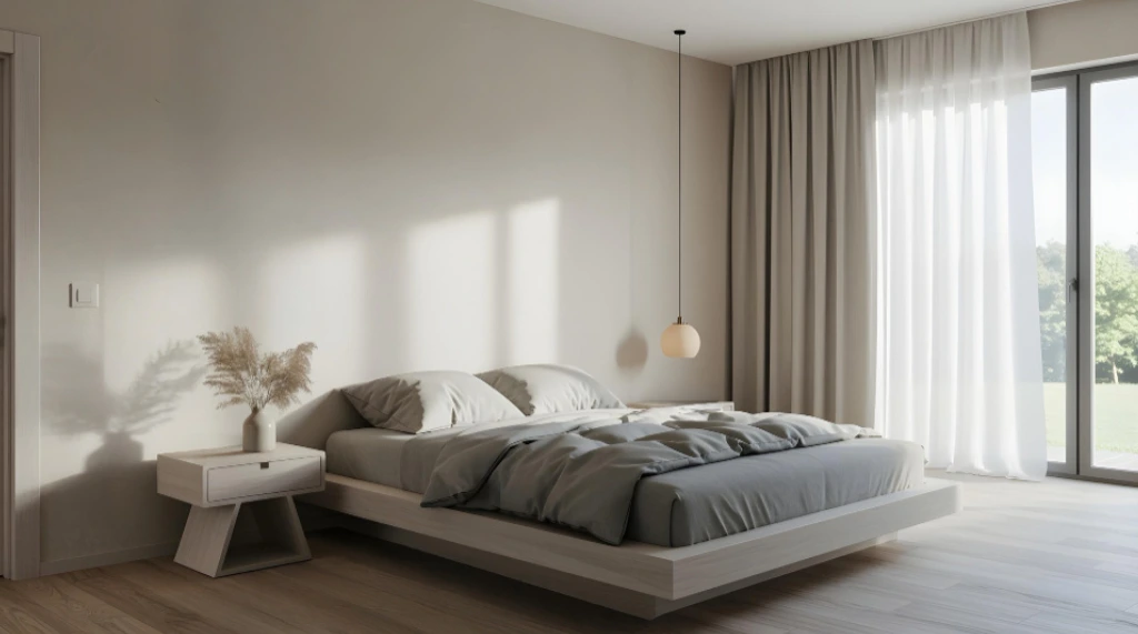 Kamar Tidur Minimalis Warna Netral dan Vas Bunga Estetik 