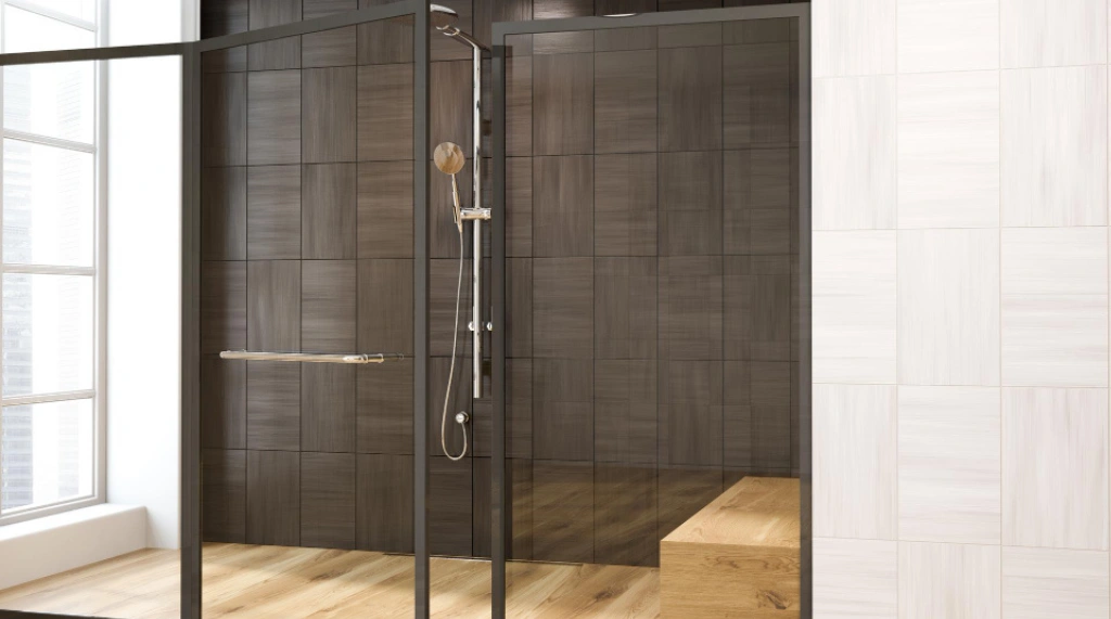 Pintu Kaca Buram dengan Frame Aluminium Hitam